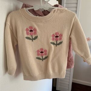 H&M Cream Crewneck Sweater with Pink Flower Intarsia 9 month